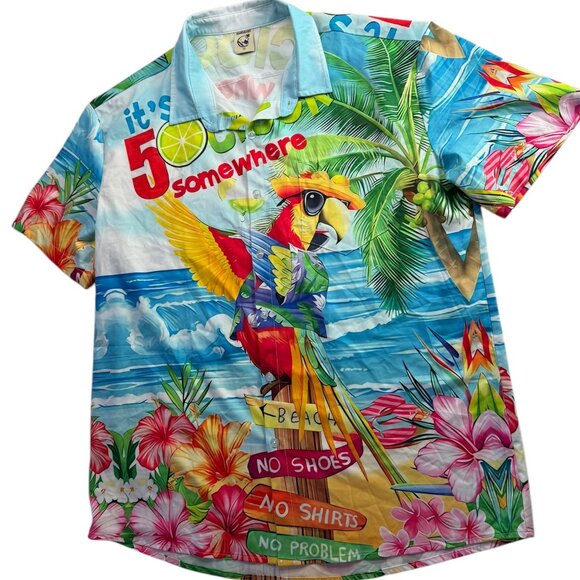 HARDADDY Button Up Collared Shirt Hawaiian "It's 5-O'Clock Somewhere" Sz Men's M